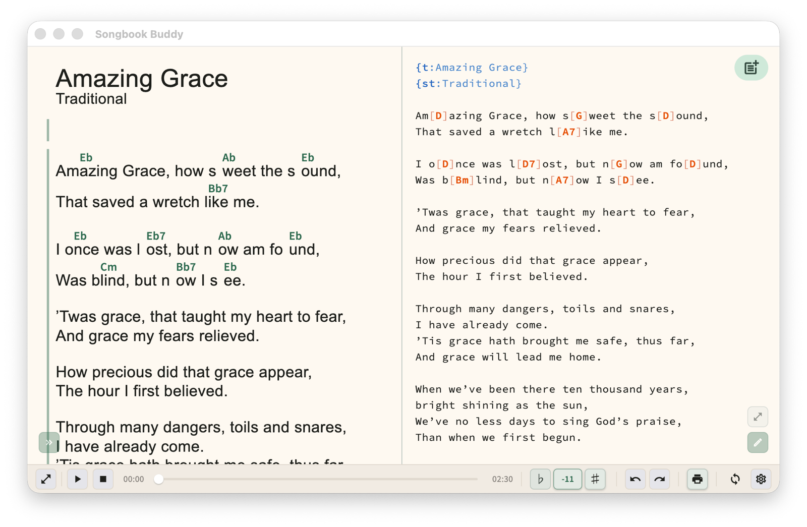 Songbook app screenshot - split editor and layout