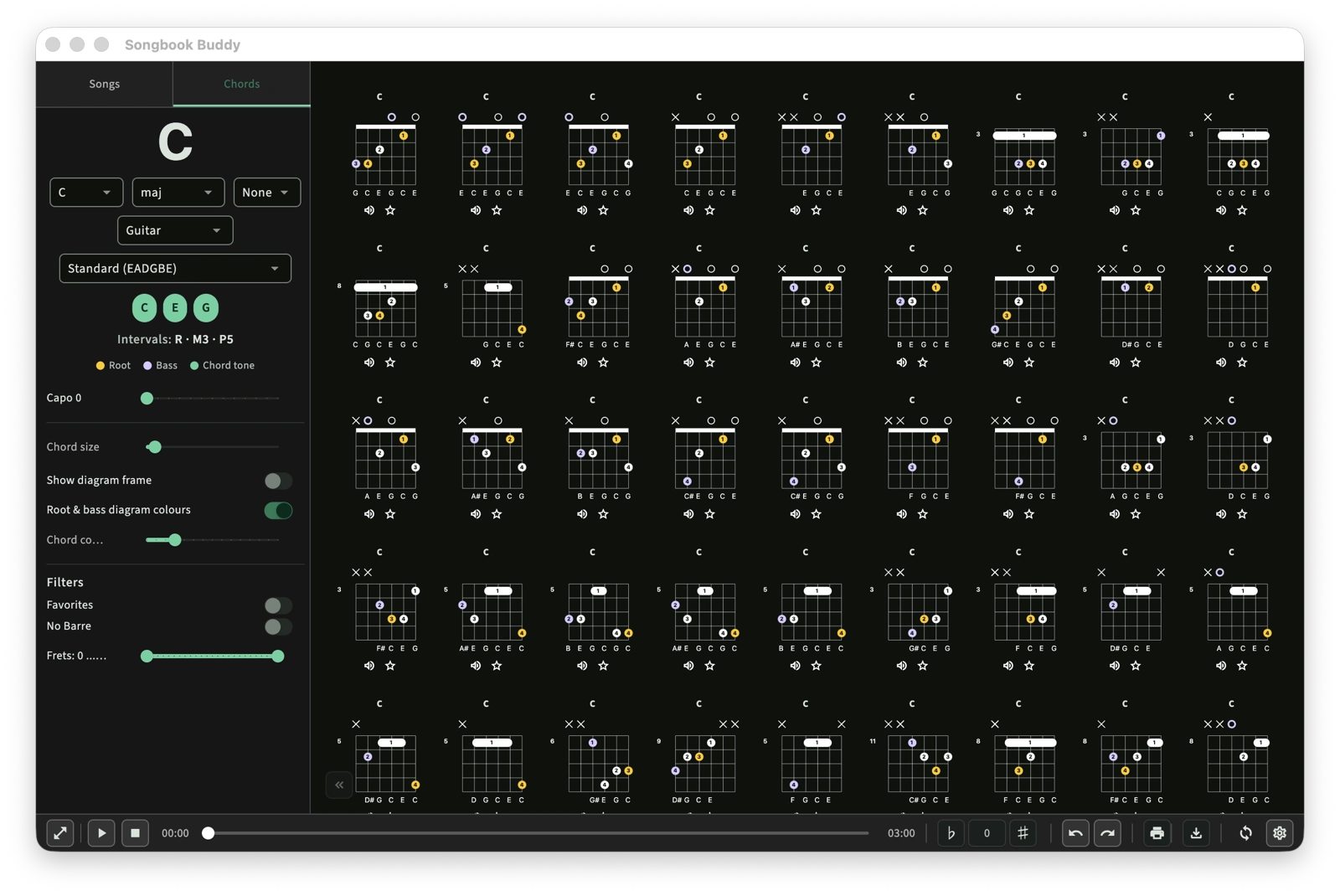 Songbook app screenshot - chord library in dark mode