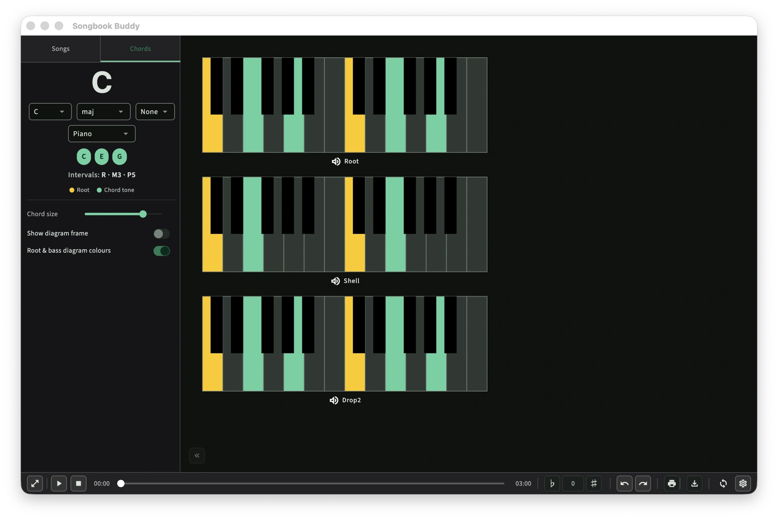 Songbook app screenshot - chord library in dark mode - showing piano chords