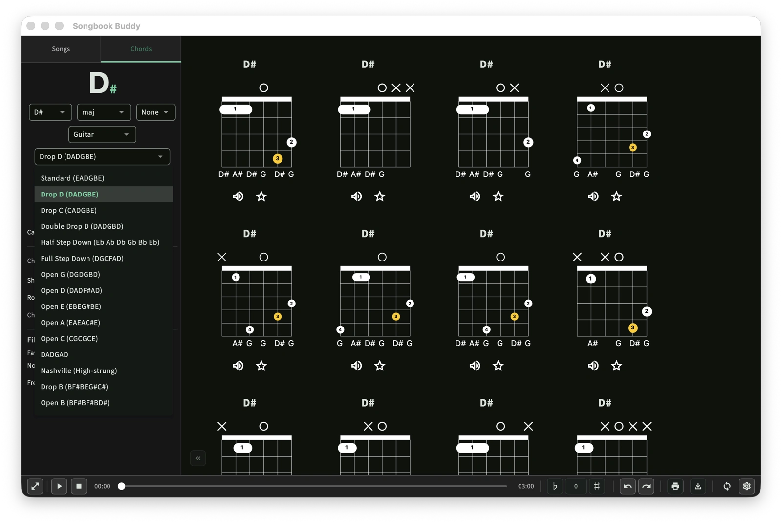 Songbook app screenshot - chord library in dark mode - showing guitar tunings