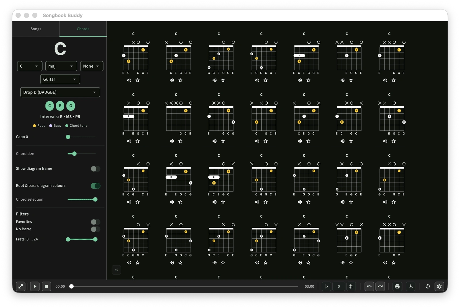 Songbook app screenshot - chord library in dark mode