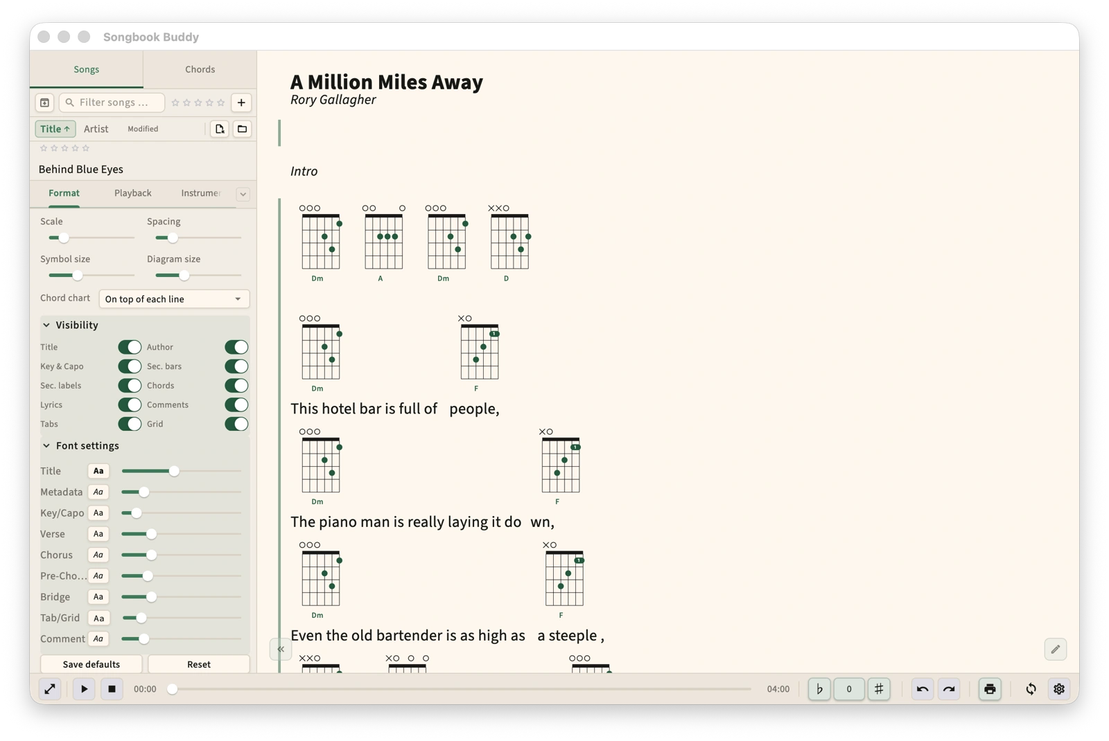 Songbook app screenshot - song with chord shapes on top of lyric lines