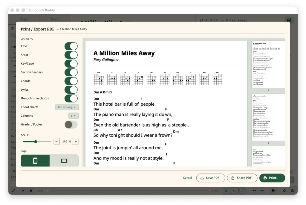 Songbook app screenshot - PDF generation and printing