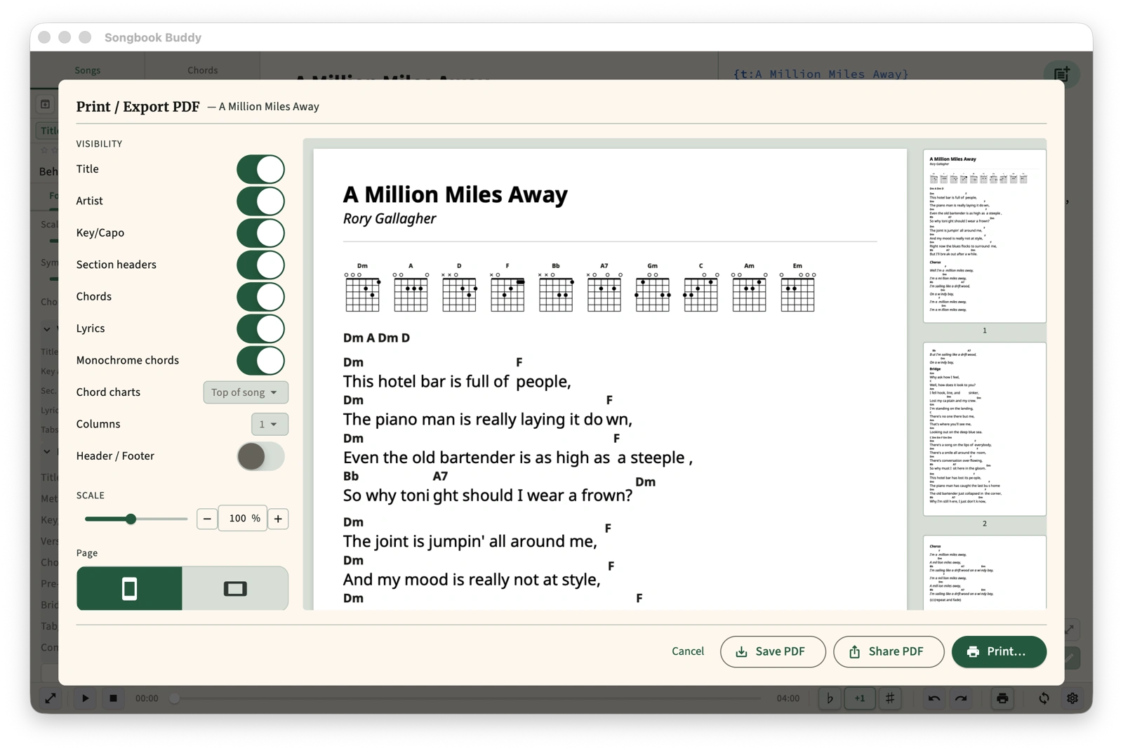 Songbook app screenshot - PDF generation and printing
