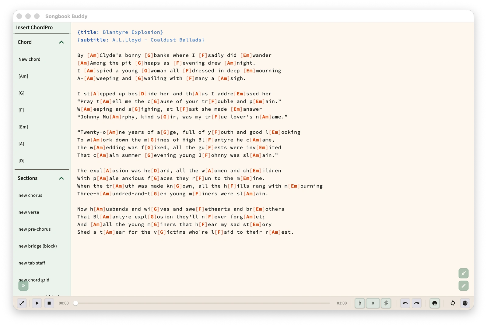 Songbook app screenshot - myimized chordpro editor