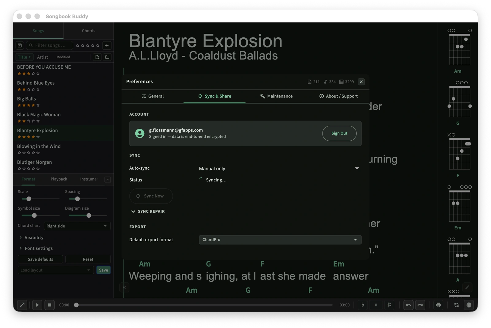 Songbook app screenshot - Preferences - Sync settings in dark mode