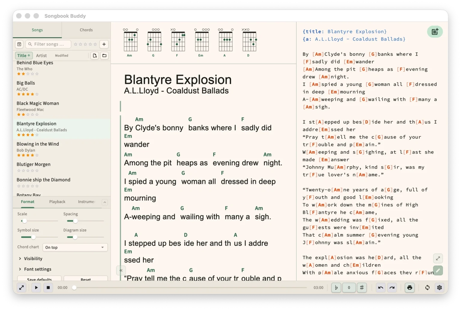 Songbook app screenshot - split editor and layout view with chords on top