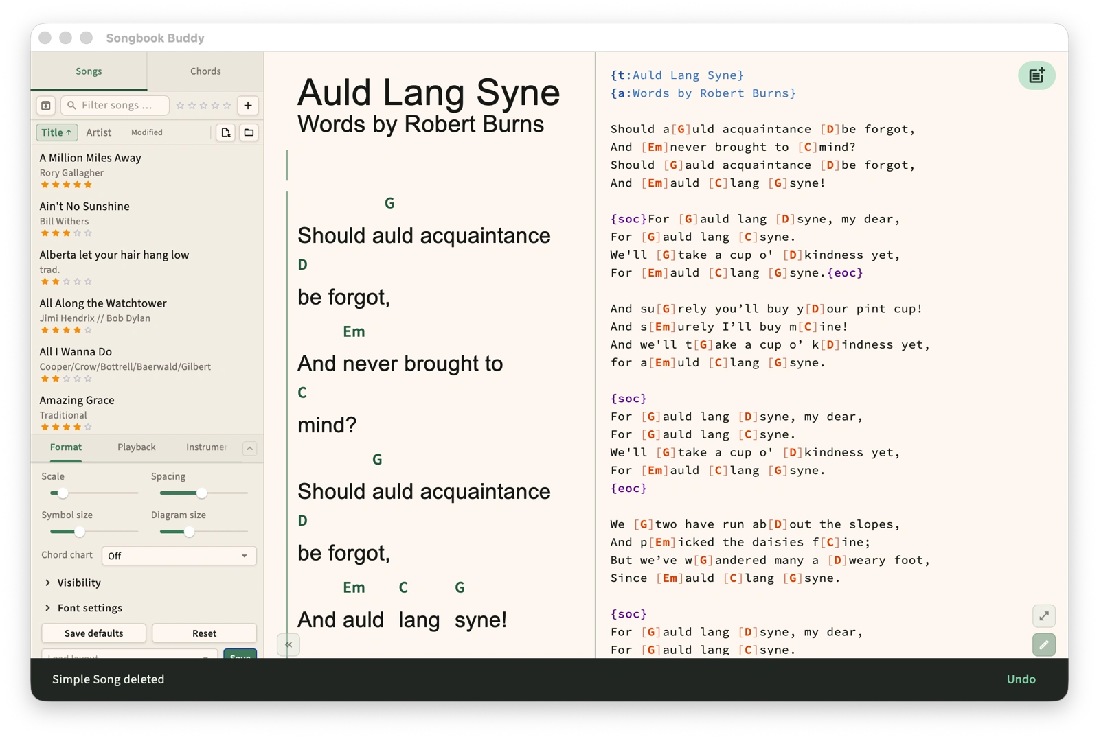 Songbook app screenshot - split editor and layout view