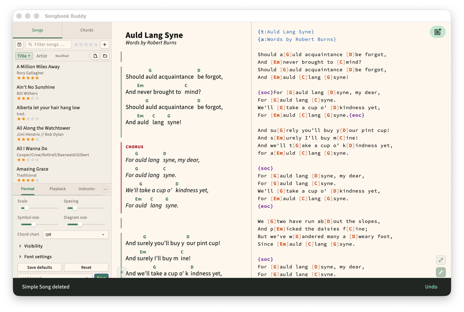 Songbook app screenshot - split editor and layout view